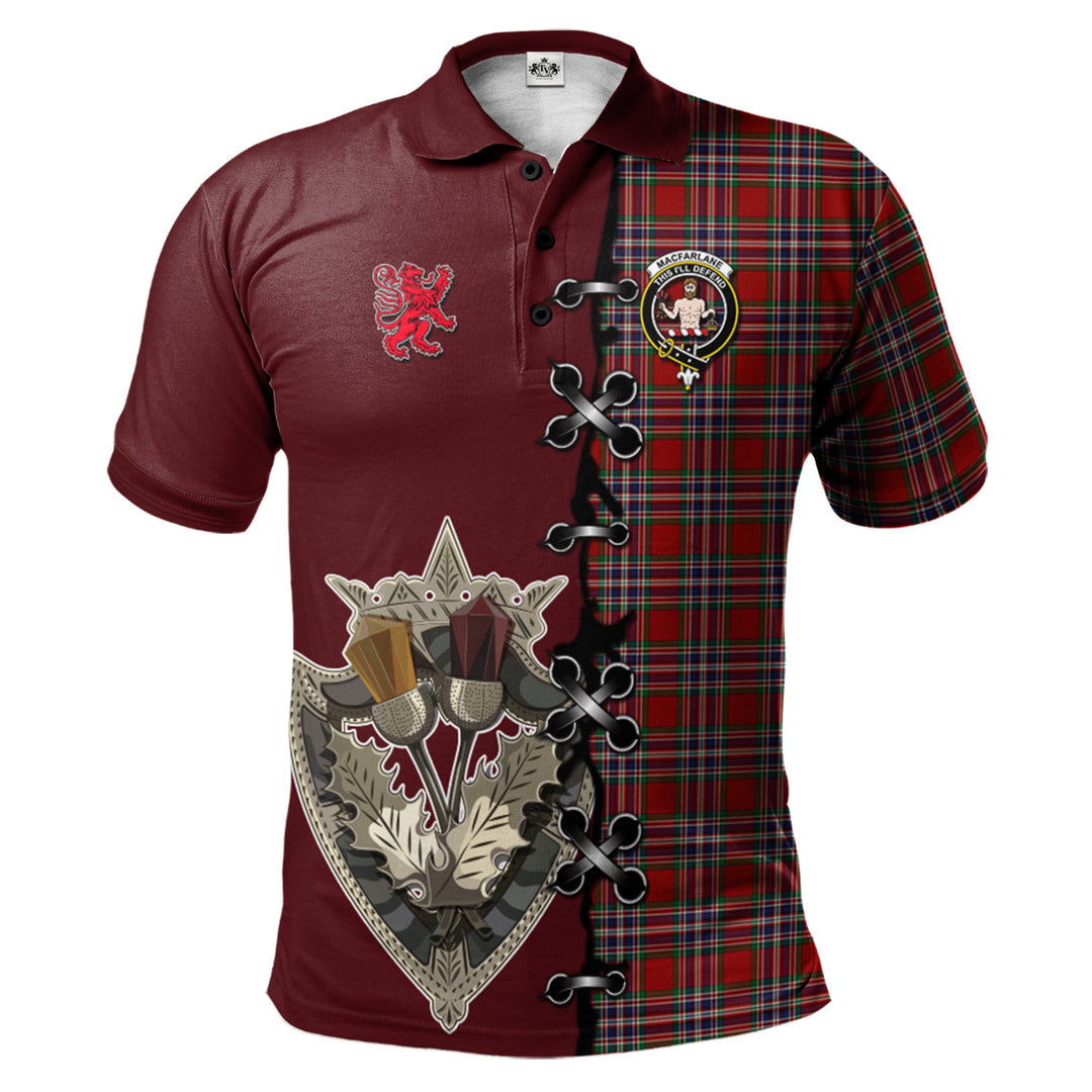 MacFarlane Red Tartan Polo Shirt - Lion Rampant And Celtic Thistle Style
