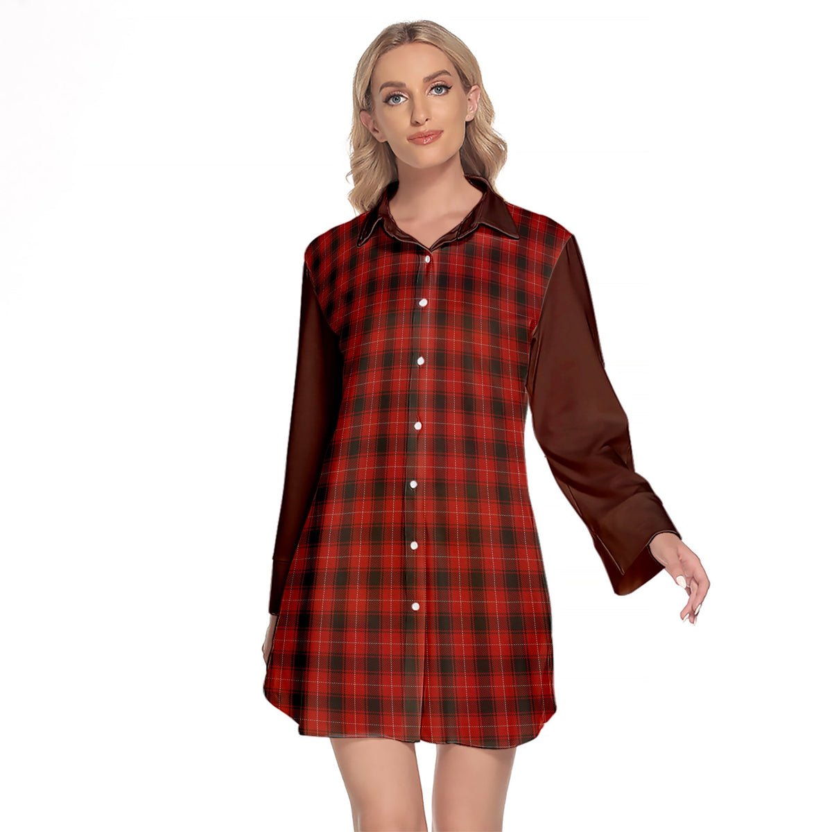 MacIver Tartan Women's Lapel Shirt Dress With Long Sleeve