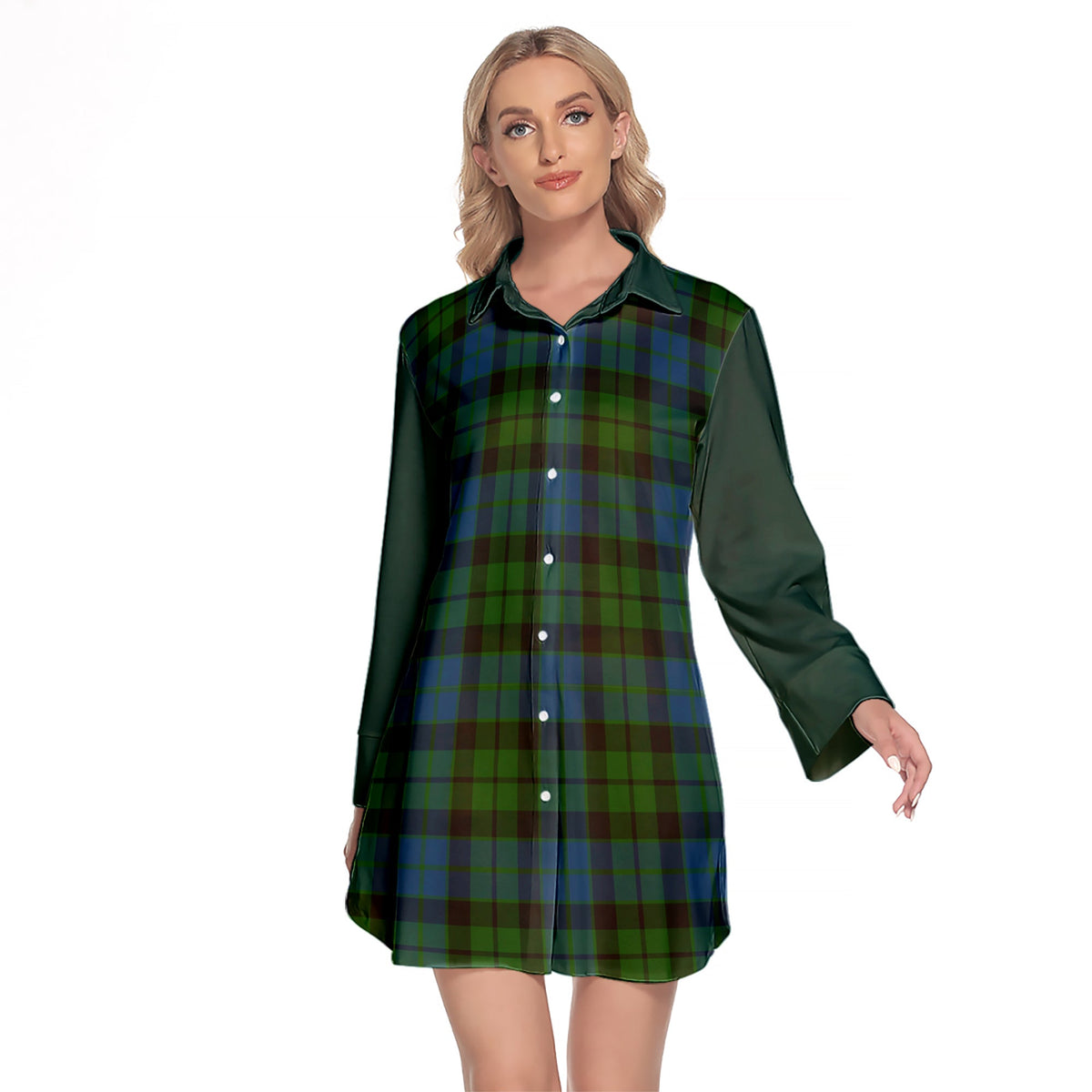 MacKie Tartan Women's Lapel Shirt Dress With Long Sleeve