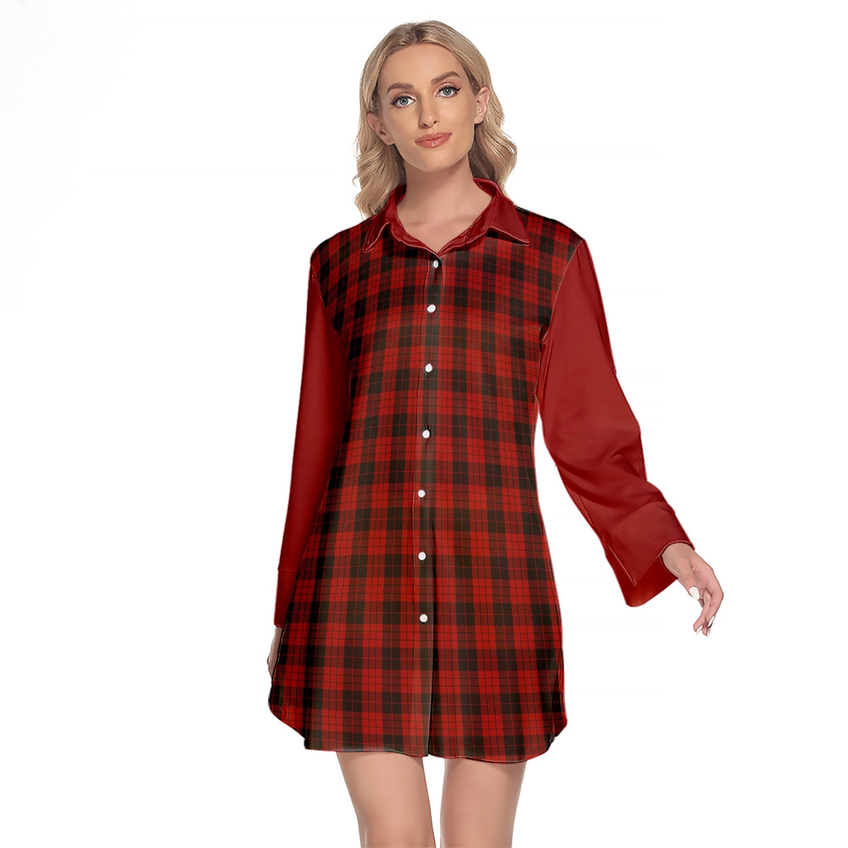 MacLeod Black And Red Tartan Women's Lapel Shirt Dress With Long Sleeve