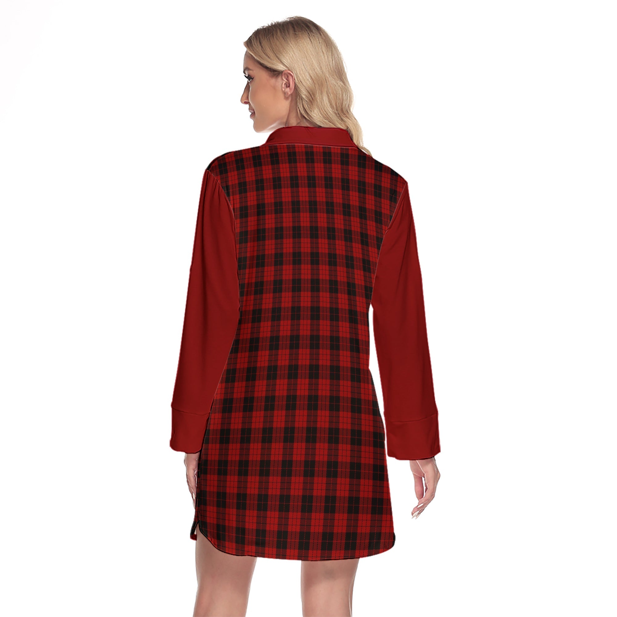 MacLeod Black And Red Tartan Women's Lapel Shirt Dress With Long Sleeve