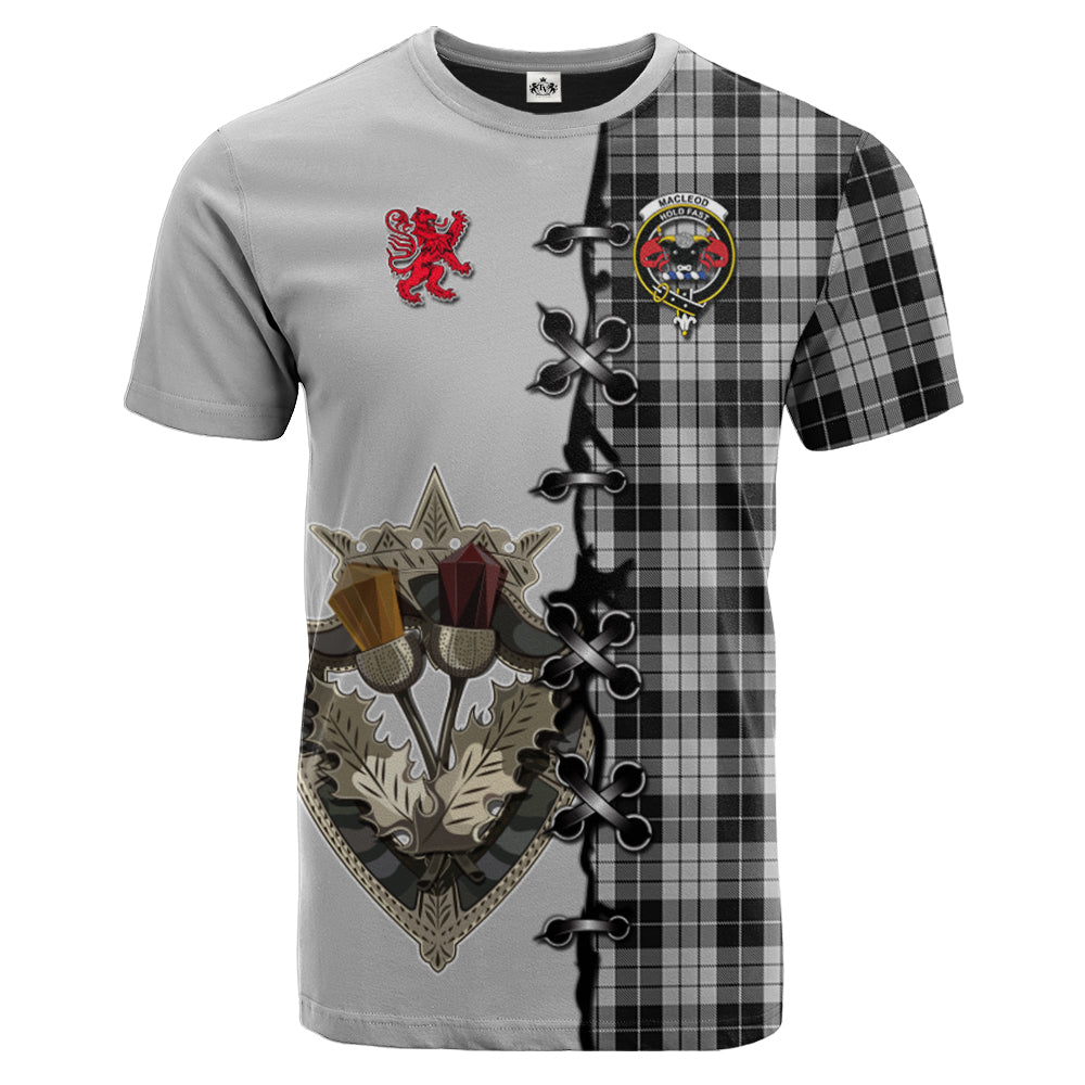 MacLeod Black and White Tartan T-shirt - Lion Rampant And Celtic Thistle Style