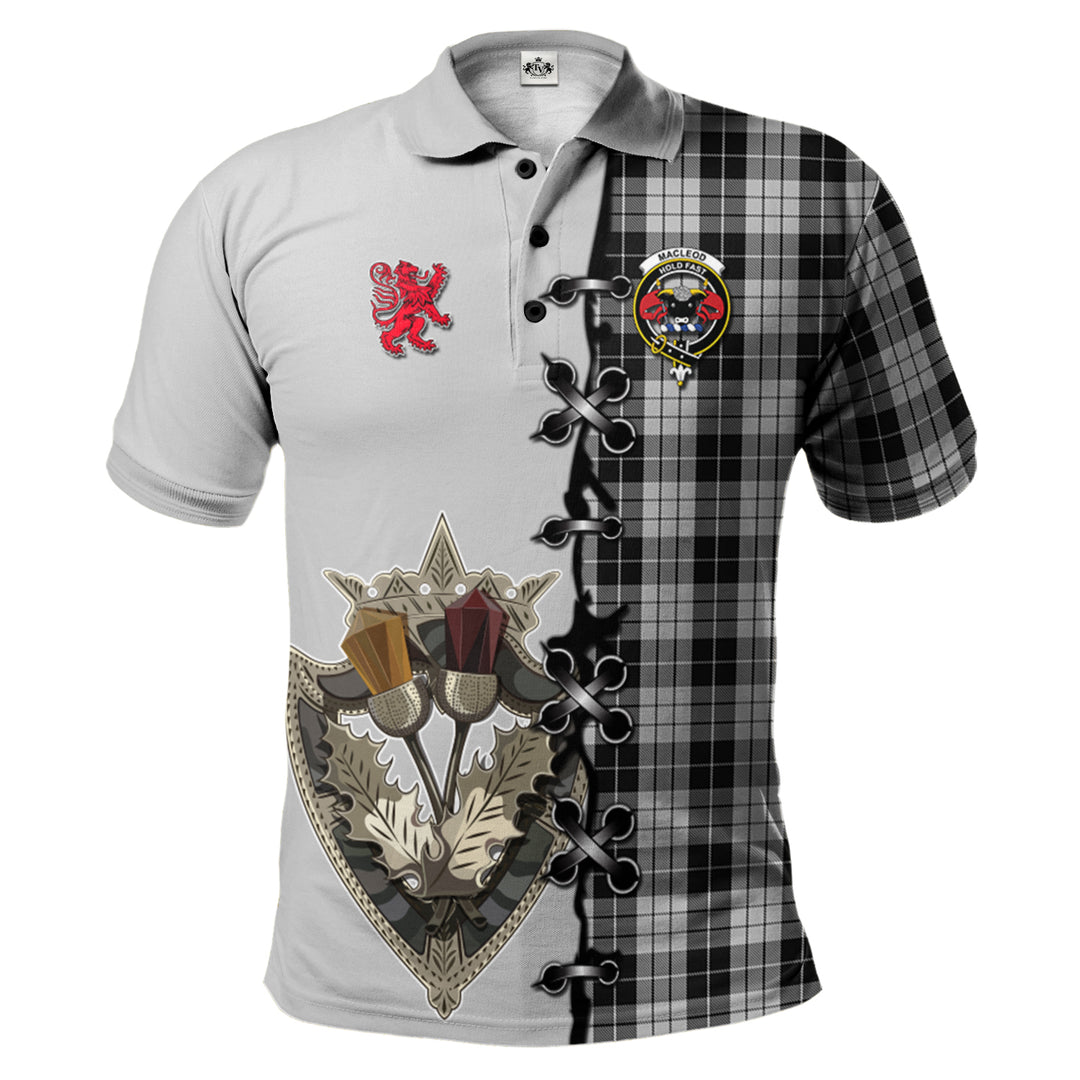 MacLeod Black And White Tartan Polo Shirt - Lion Rampant And Celtic Thistle Style