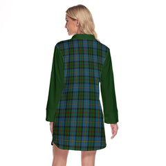 MacLeod Green Tartan Women's Lapel Shirt Dress With Long Sleeve