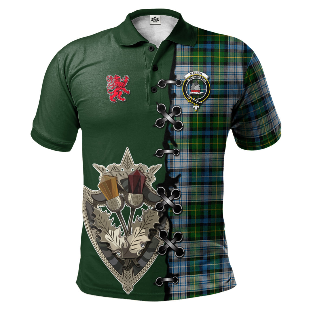 MacNeil Dress Tartan Polo Shirt - Lion Rampant And Celtic Thistle Style
