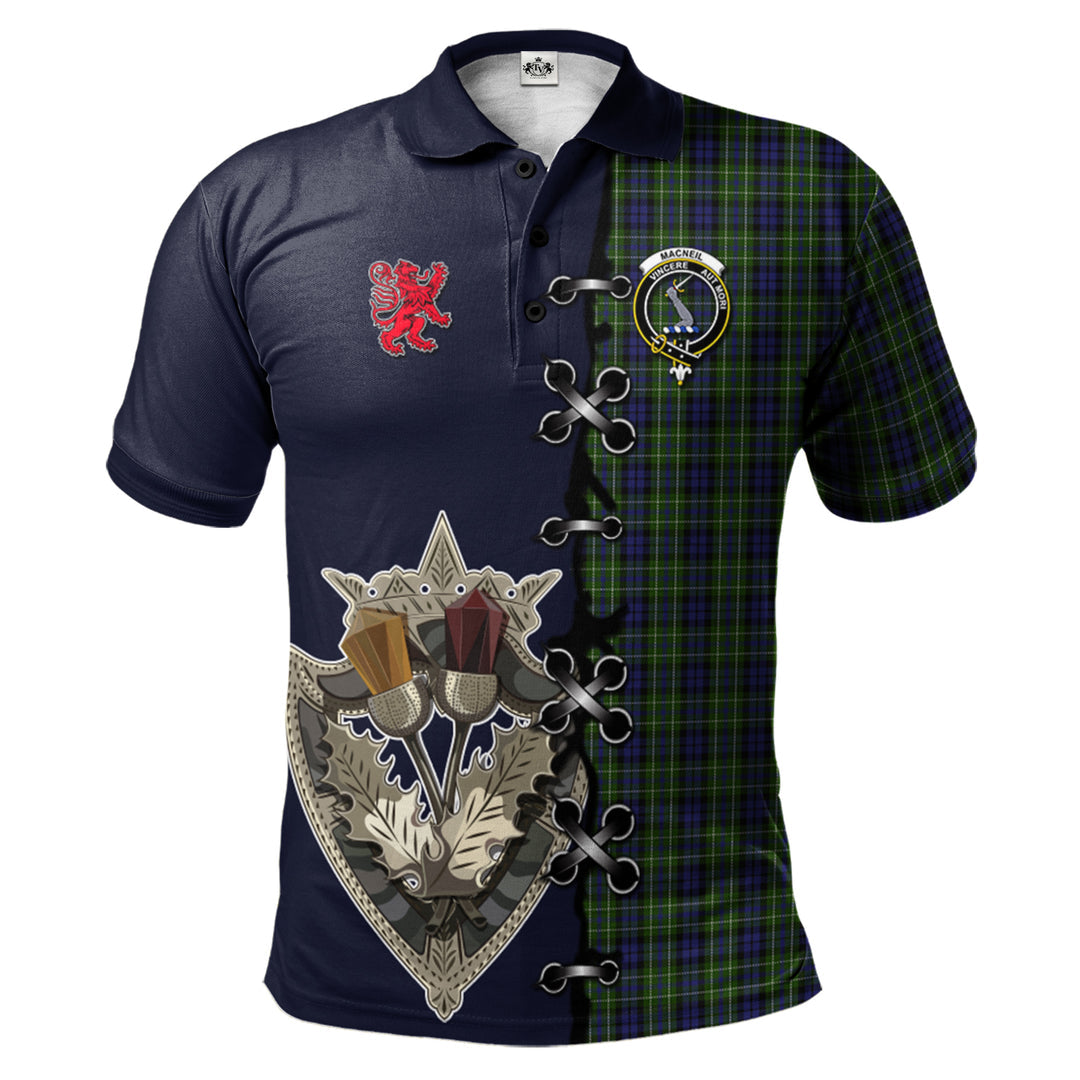 MacNeil of Colonsay Tartan Polo Shirt - Lion Rampant And Celtic Thistle Style