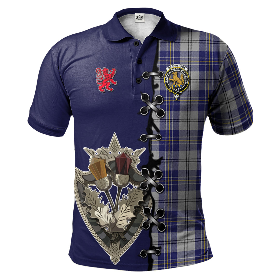 MacPherson Dress Blue Tartan Polo Shirt - Lion Rampant And Celtic Thistle Style