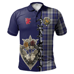 MacPherson Dress Blue Tartan Polo Shirt - Lion Rampant And Celtic Thistle Style