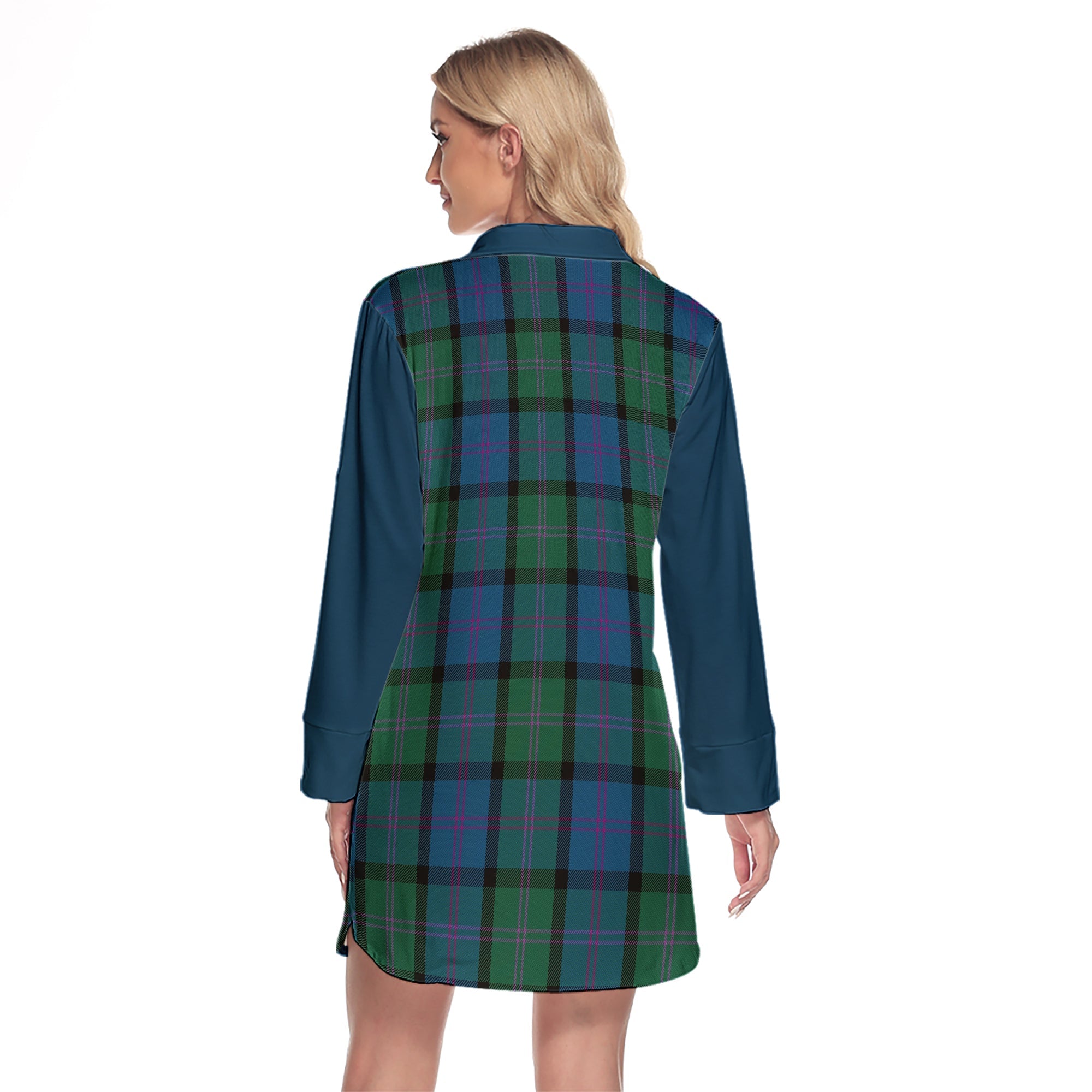 MacThomas Tartan Women's Lapel Shirt Dress With Long Sleeve