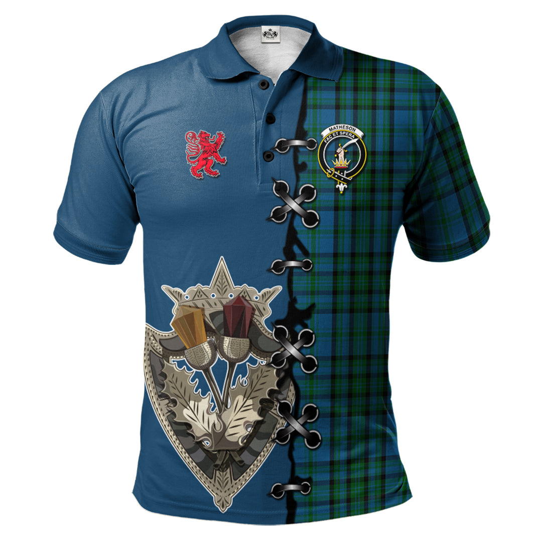 Matheson Hunting Tartan Polo Shirt - Lion Rampant And Celtic Thistle Style