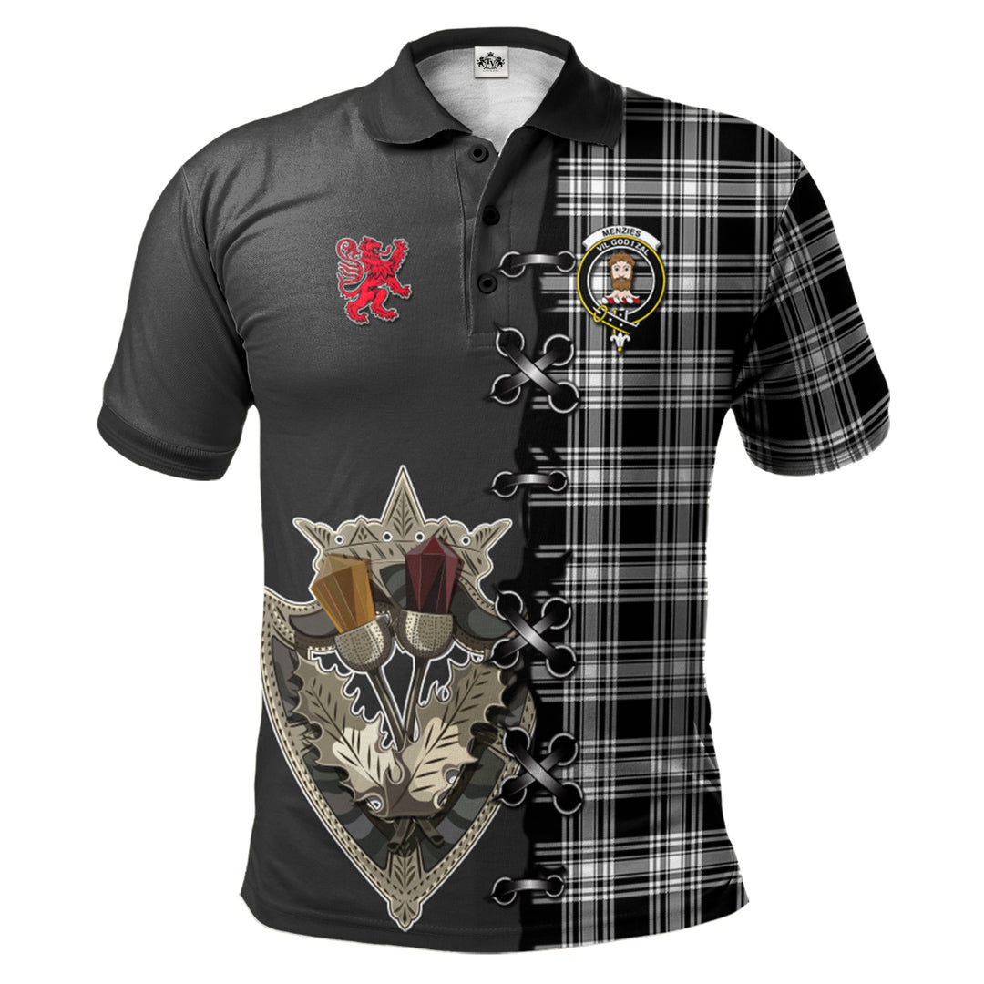 Menzies Black _ White Tartan Polo Shirt - Lion Rampant And Celtic Thistle Style