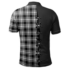 Menzies Black _ White Tartan Polo Shirt - Lion Rampant And Celtic Thistle Style