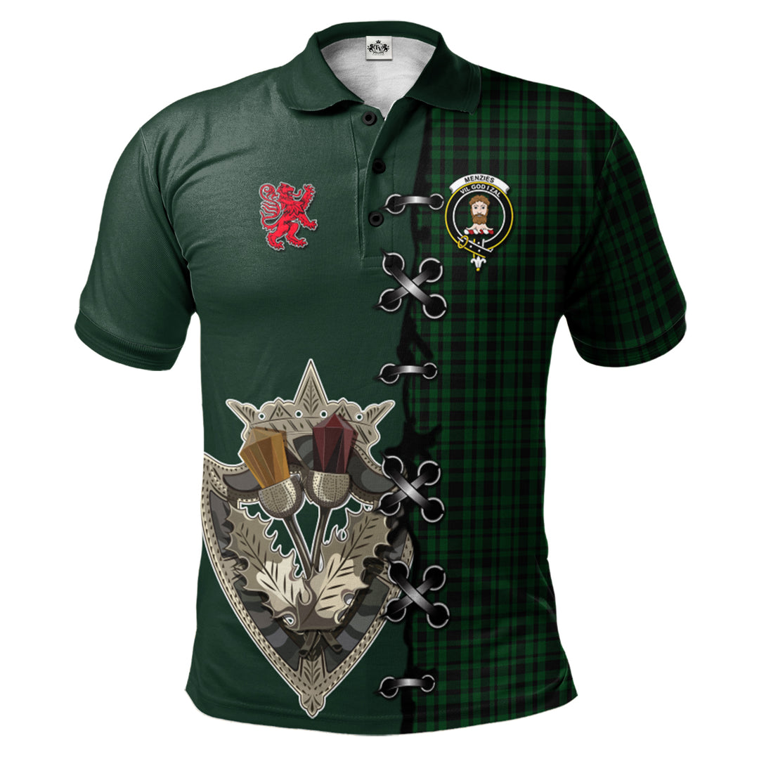 Menzies Green Tartan Polo Shirt - Lion Rampant And Celtic Thistle Style