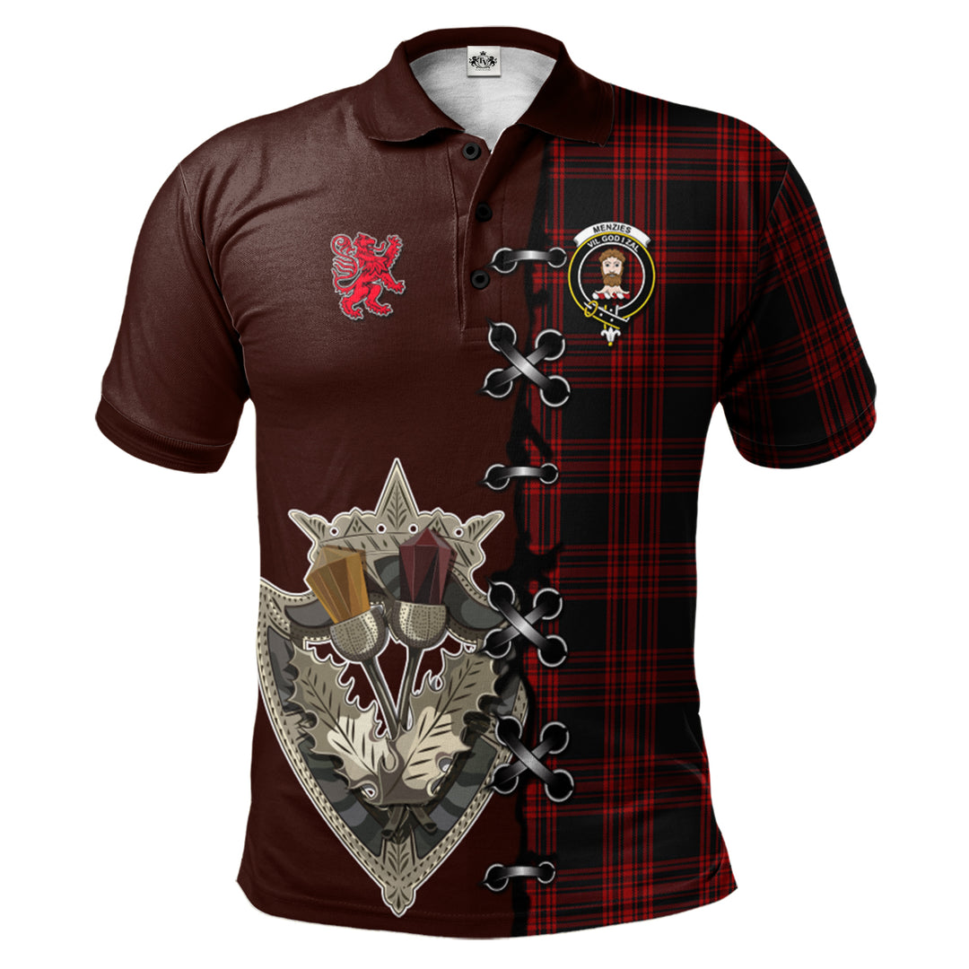 Menzies Hunting Tartan Polo Shirt - Lion Rampant And Celtic Thistle Style