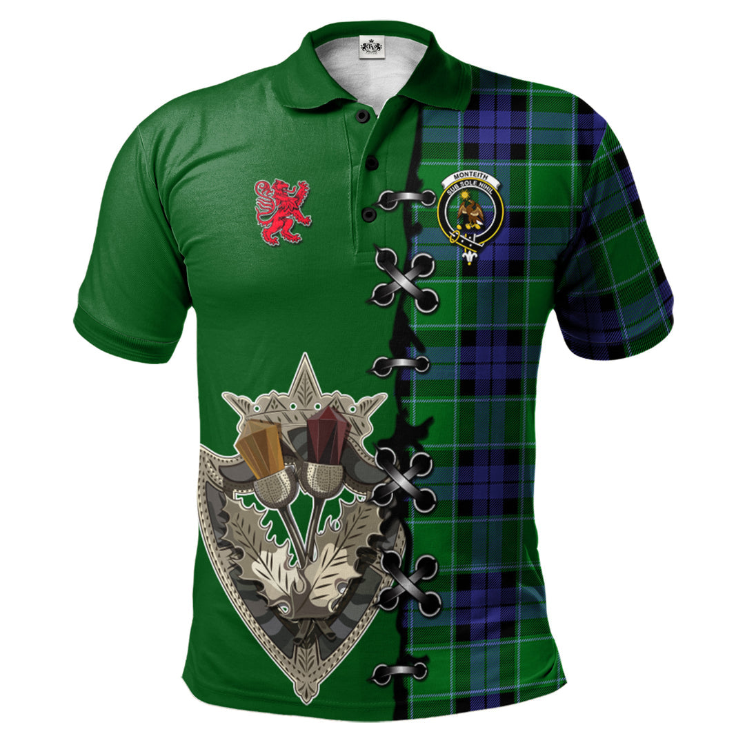 Monteith Tartan Polo Shirt - Lion Rampant And Celtic Thistle Style
