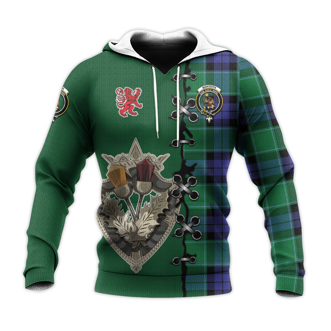 Monteith Tartan Hoodie - Lion Rampant And Celtic Thistle Style
