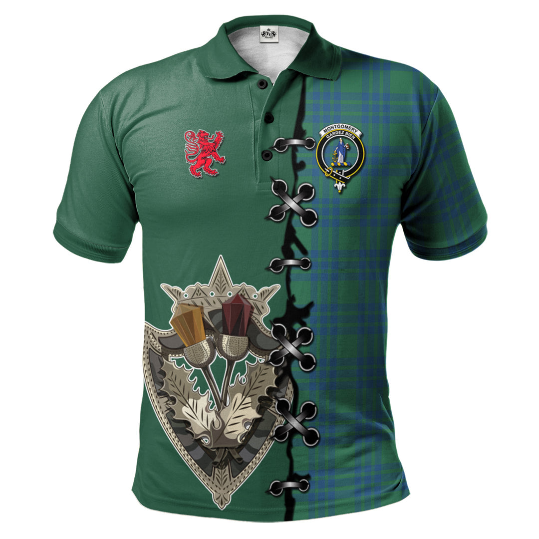 Montgomery Ancient Tartan Polo Shirt - Lion Rampant And Celtic Thistle Style