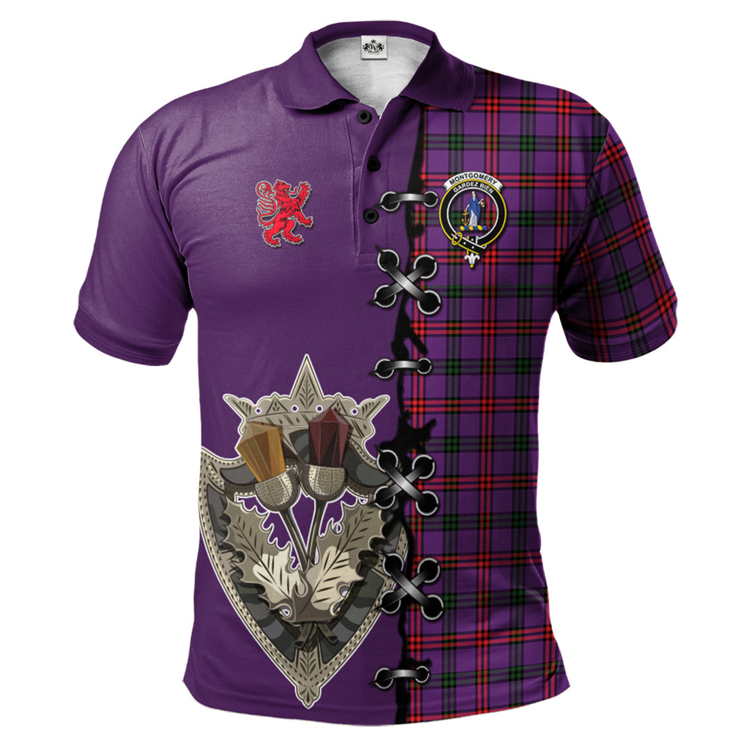 Montgomery Modern Tartan Polo Shirt - Lion Rampant And Celtic Thistle Style