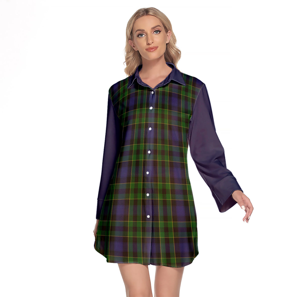 Mowat Tartan Women's Lapel Shirt Dress With Long Sleeve