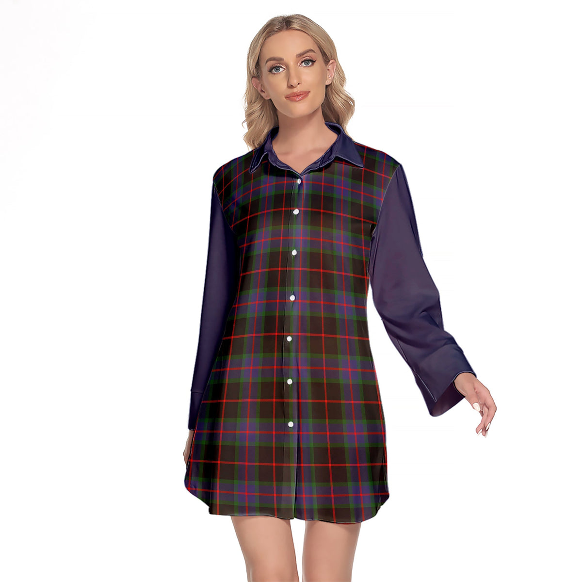 Nairn Tartan Women's Lapel Shirt Dress With Long Sleeve