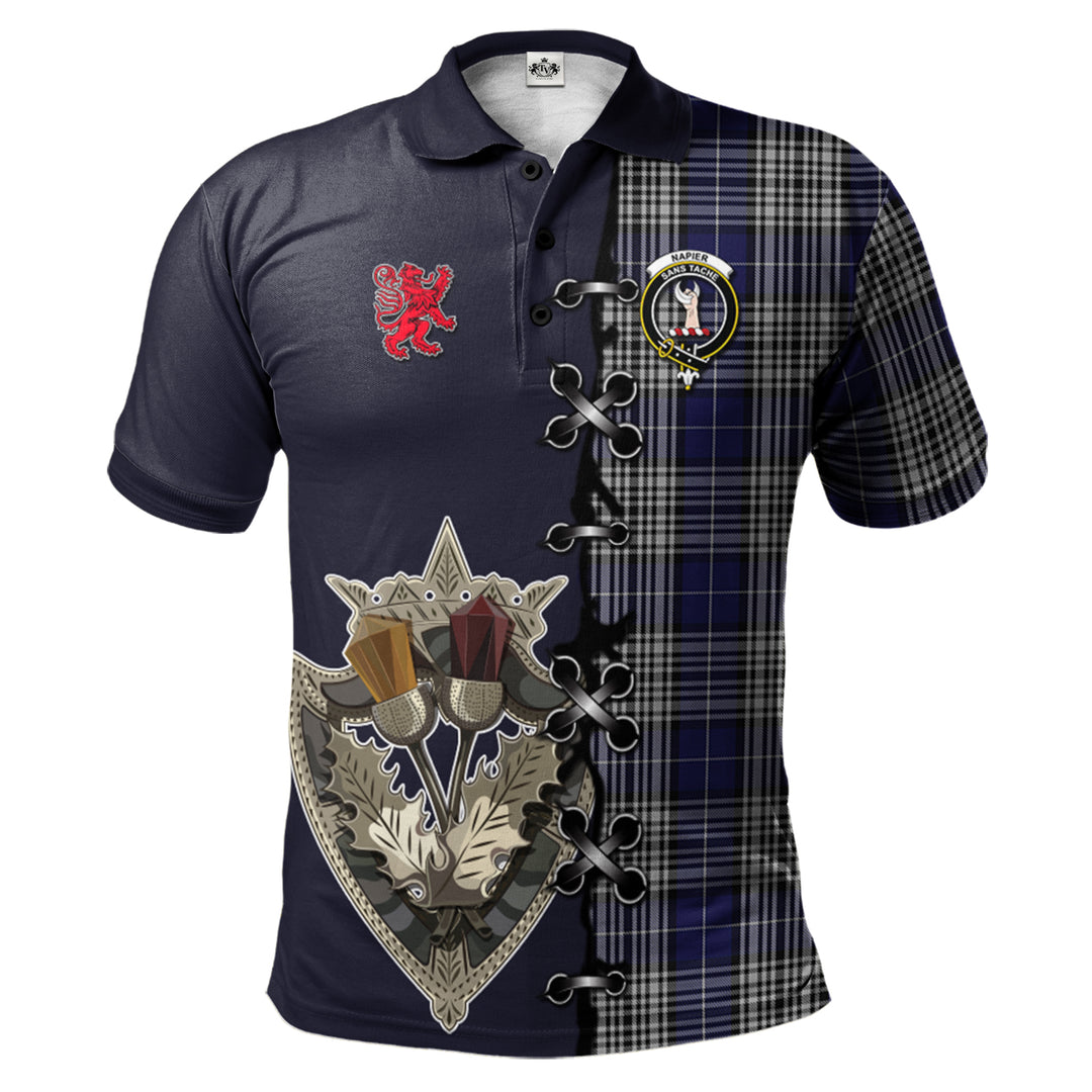 Napier Tartan Polo Shirt - Lion Rampant And Celtic Thistle Style