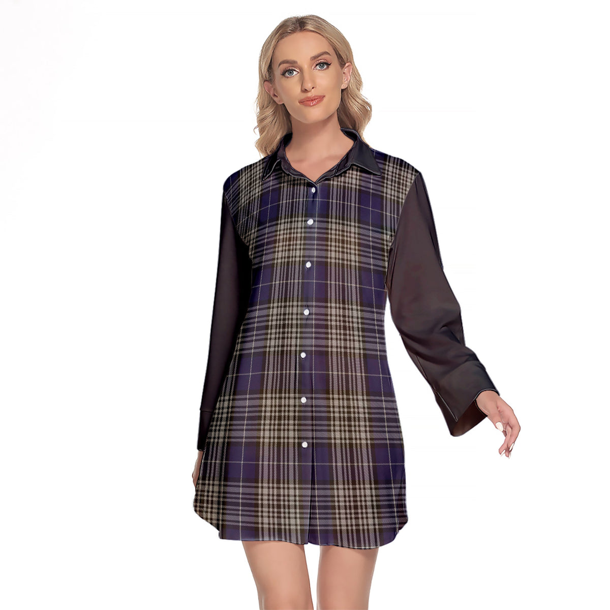 Napier Tartan Women's Lapel Shirt Dress With Long Sleeve