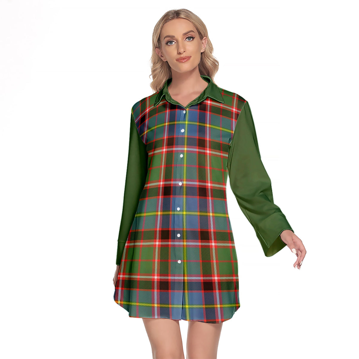 Norvel Tartan Women's Lapel Shirt Dress With Long Sleeve