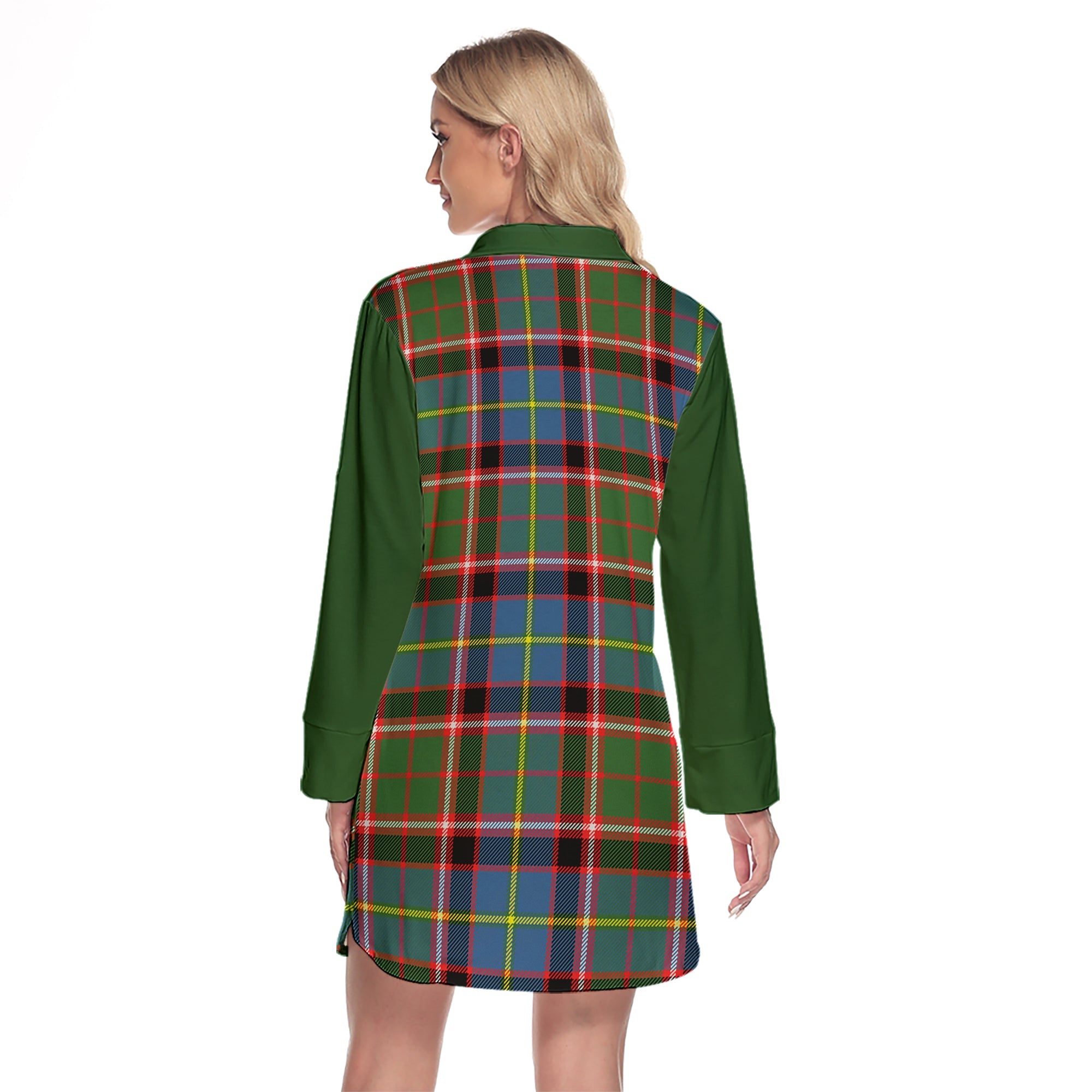 Norvel Tartan Women's Lapel Shirt Dress With Long Sleeve