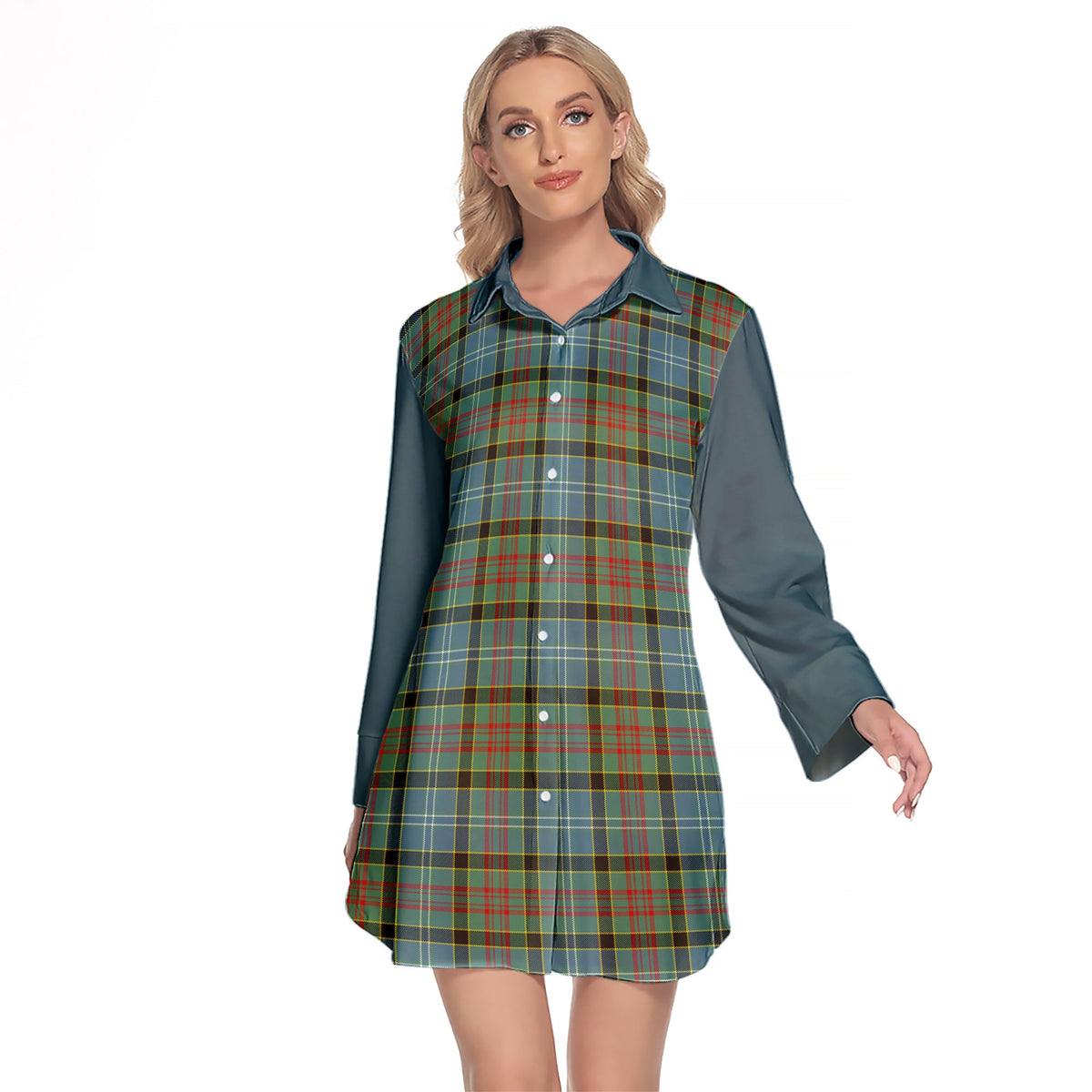 Paisley Tartan Women's Lapel Shirt Dress With Long Sleeve