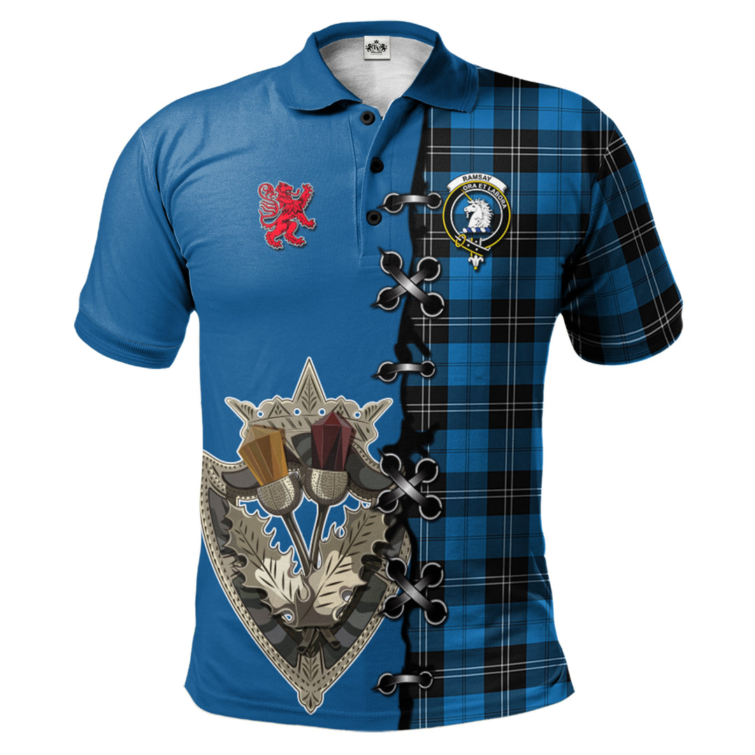 Ramsay Blue Ancient Tartan Polo Shirt - Lion Rampant And Celtic Thistle Style