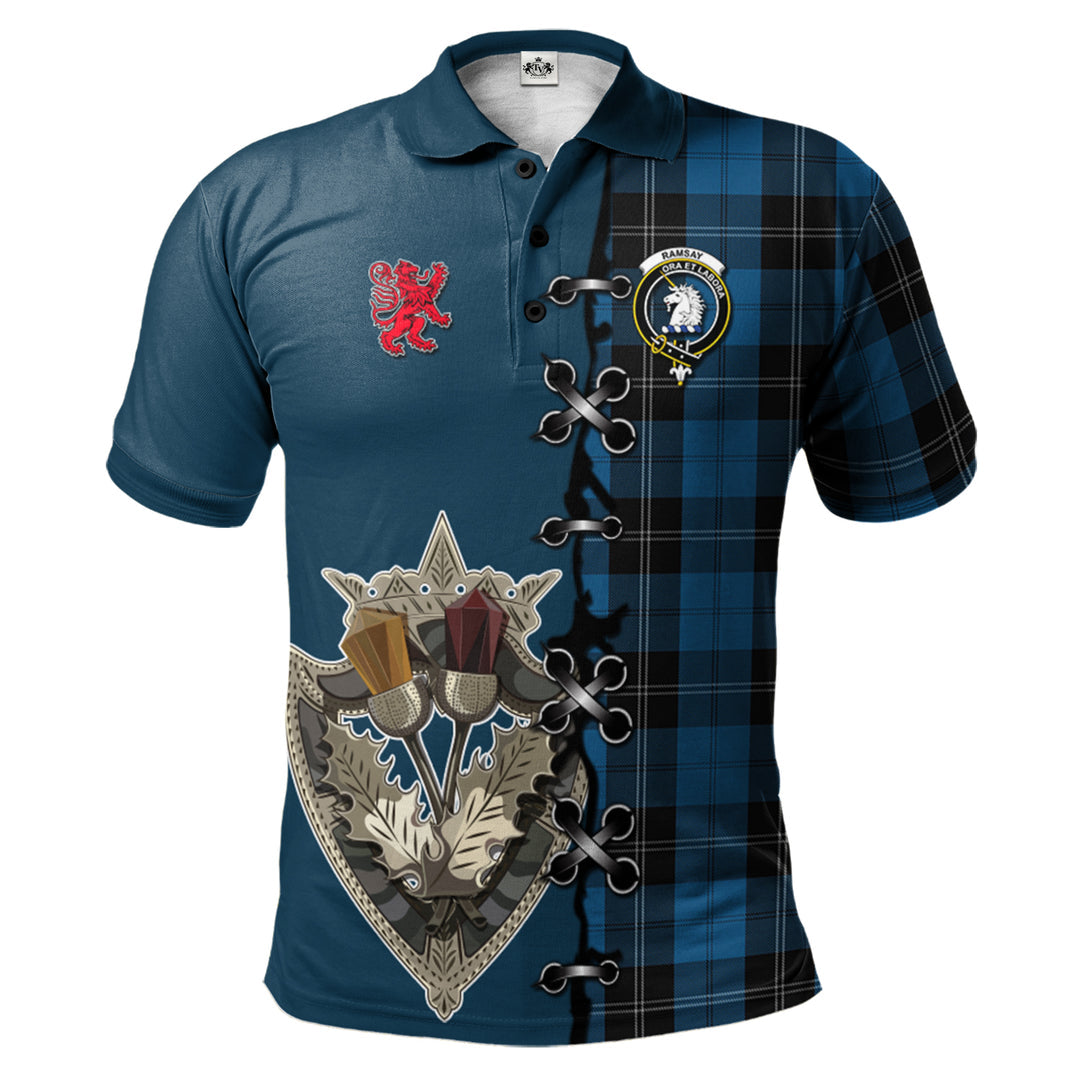 Ramsay Blue Hunting Tartan Polo Shirt - Lion Rampant And Celtic Thistle Style