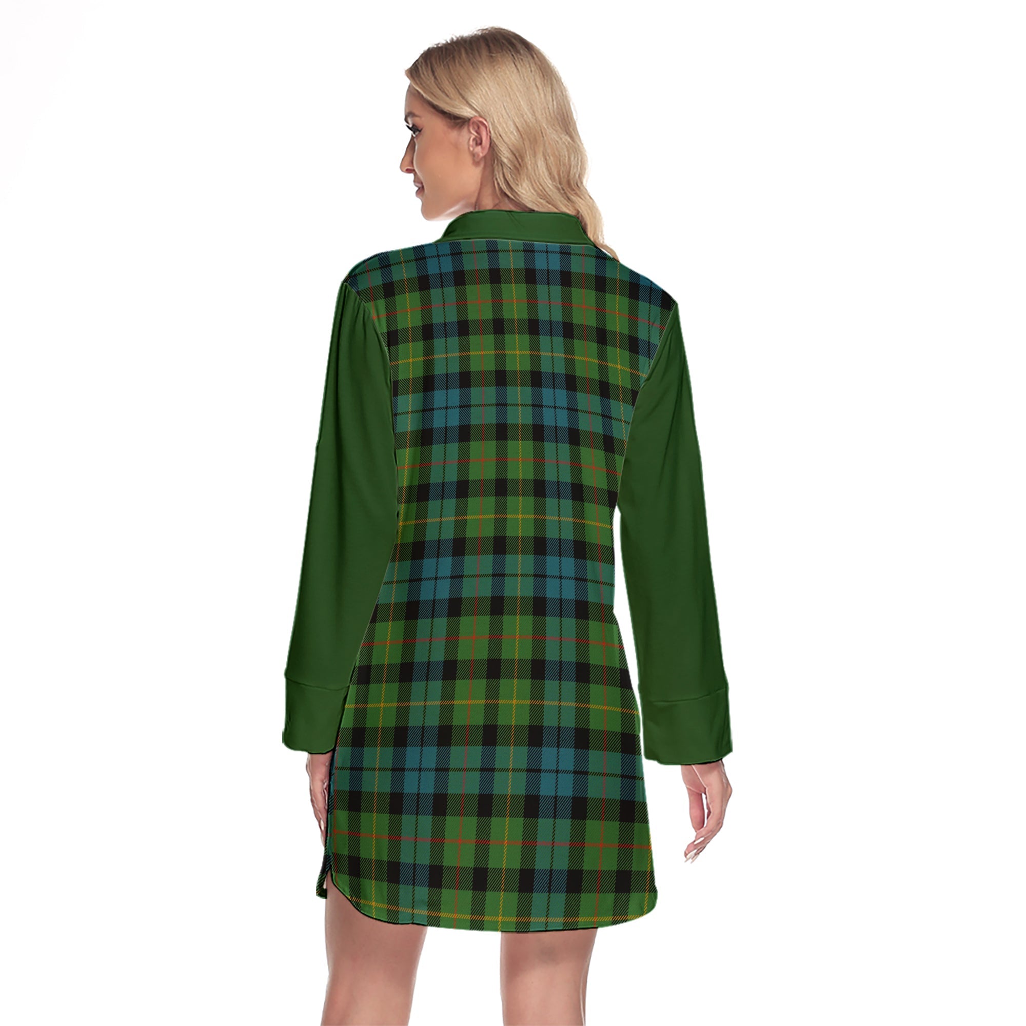 Rollo Ancient Tartan Women's Lapel Shirt Dress With Long Sleeve