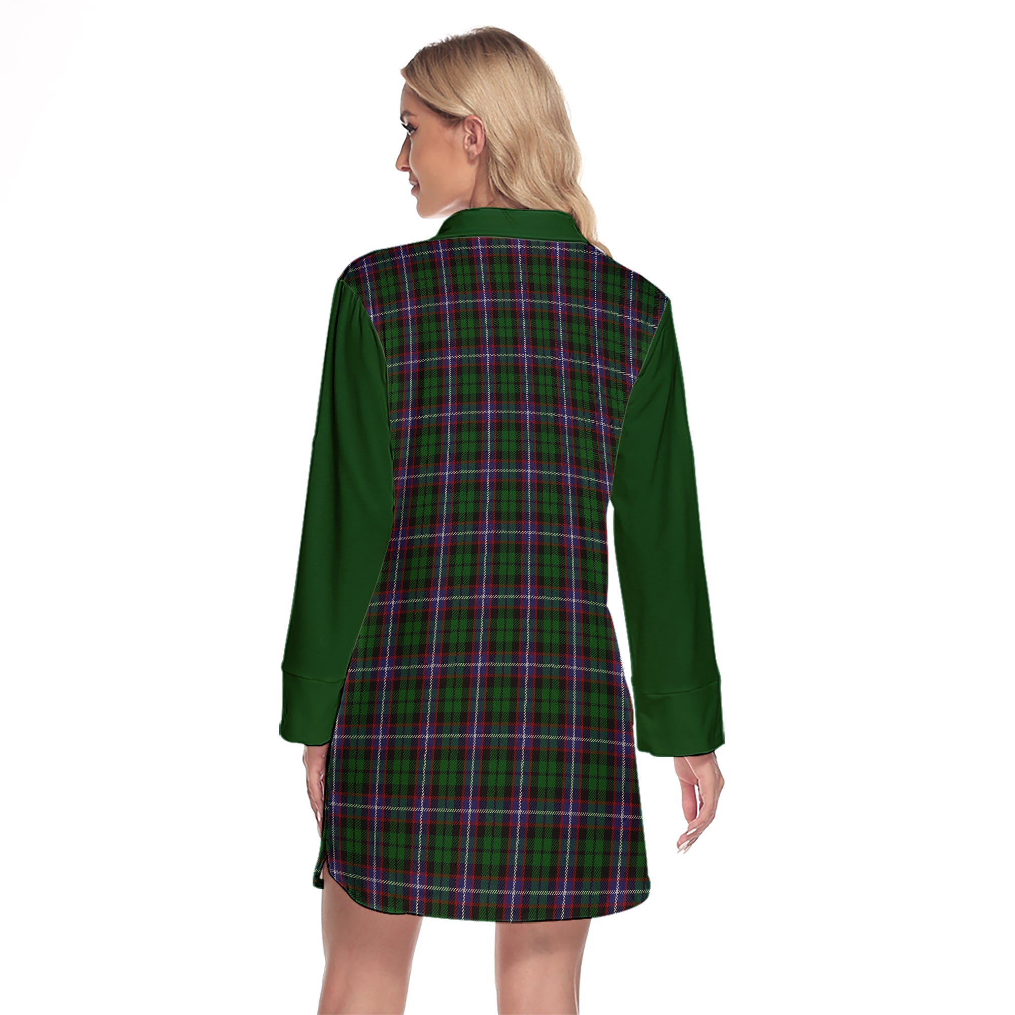 Russell Tartan Women's Lapel Shirt Dress With Long Sleeve