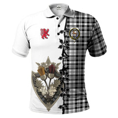 Scott Black White Tartan Polo Shirt - Lion Rampant And Celtic Thistle Style
