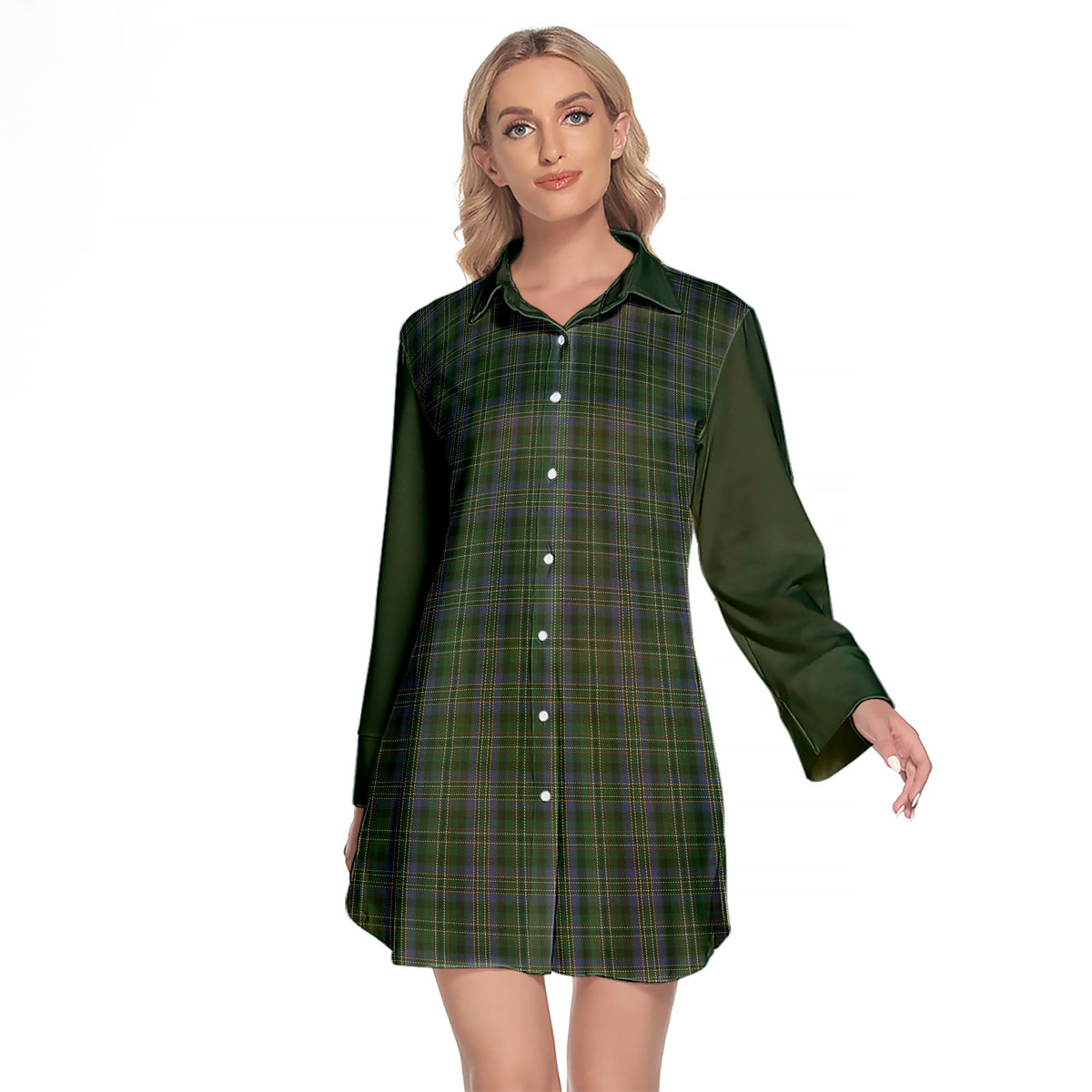 Scott Hunting Tartan Women's Lapel Shirt Dress With Long Sleeve