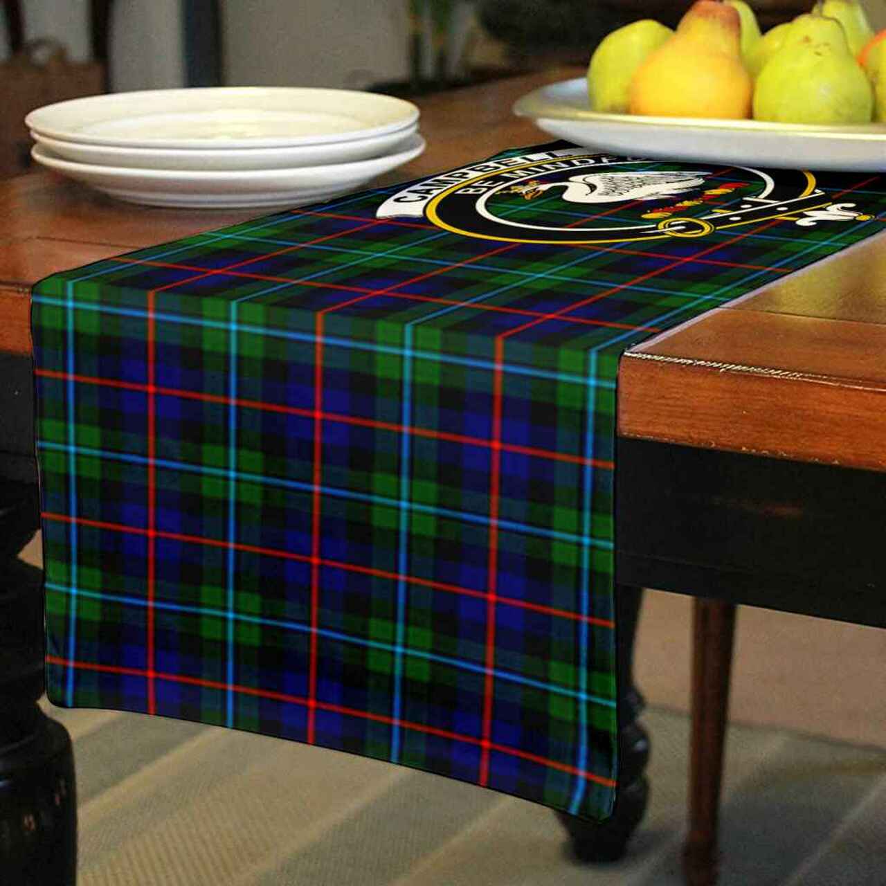 Campbell Tartan Crest Table Runner - Cotton table runner