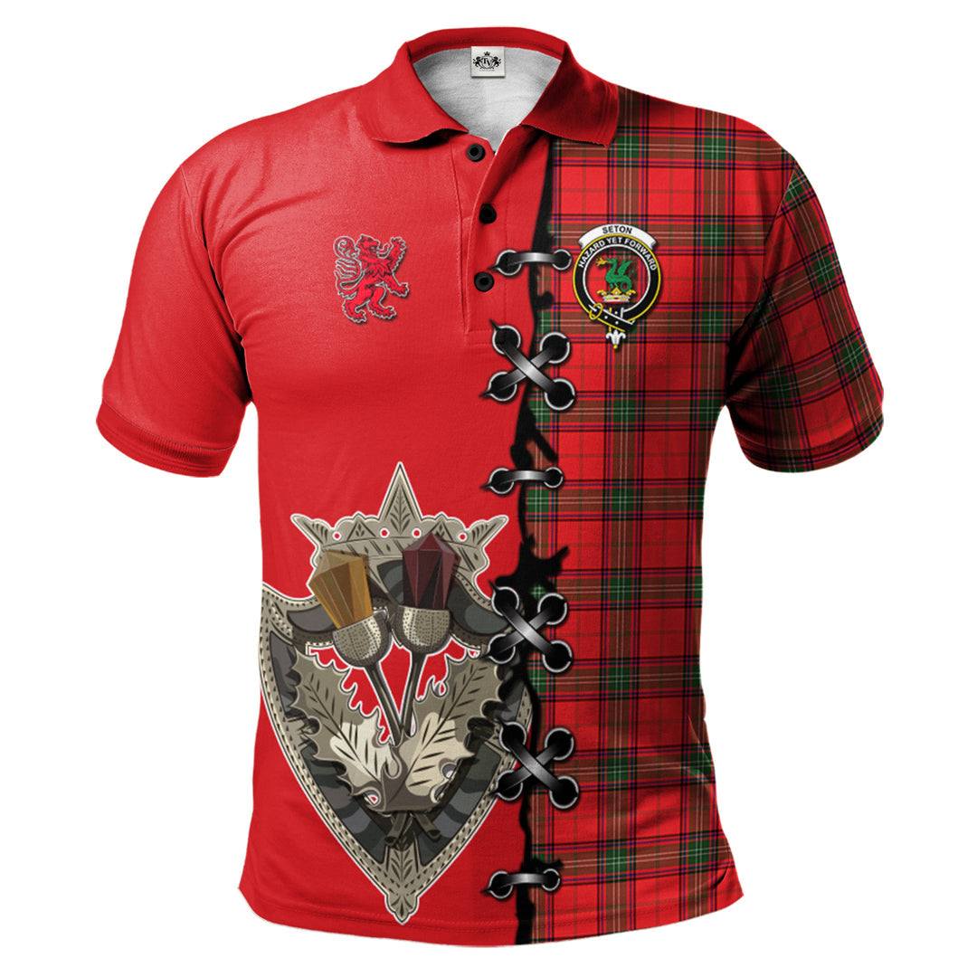 Seton Modern Tartan Polo Shirt - Lion Rampant And Celtic Thistle Style