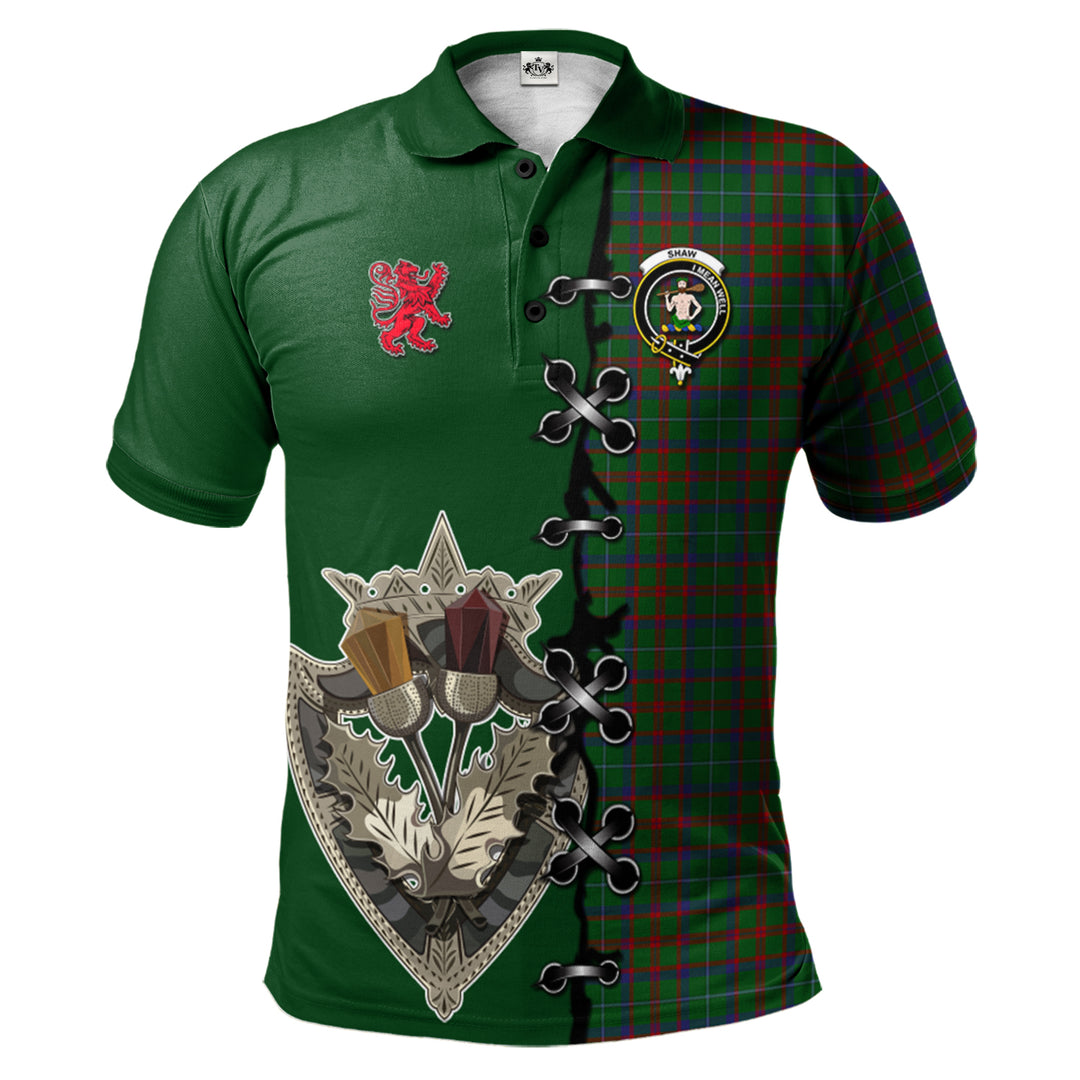 Shaw of Tordarroch Green Hunting Tartan Polo Shirt - Lion Rampant And Celtic Thistle Style