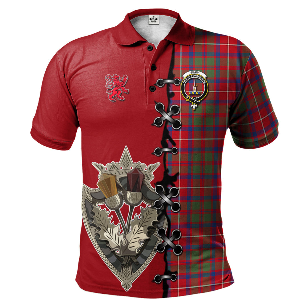 Shaw Red Modern Tartan Polo Shirt - Lion Rampant And Celtic Thistle Style