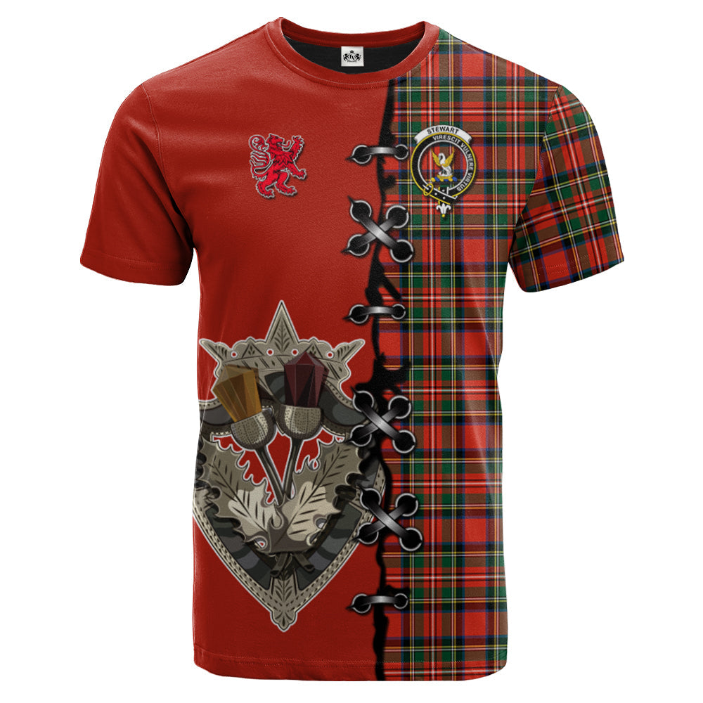 Stewart Royal Modern Tartan T-shirt - Lion Rampant And Celtic Thistle Style