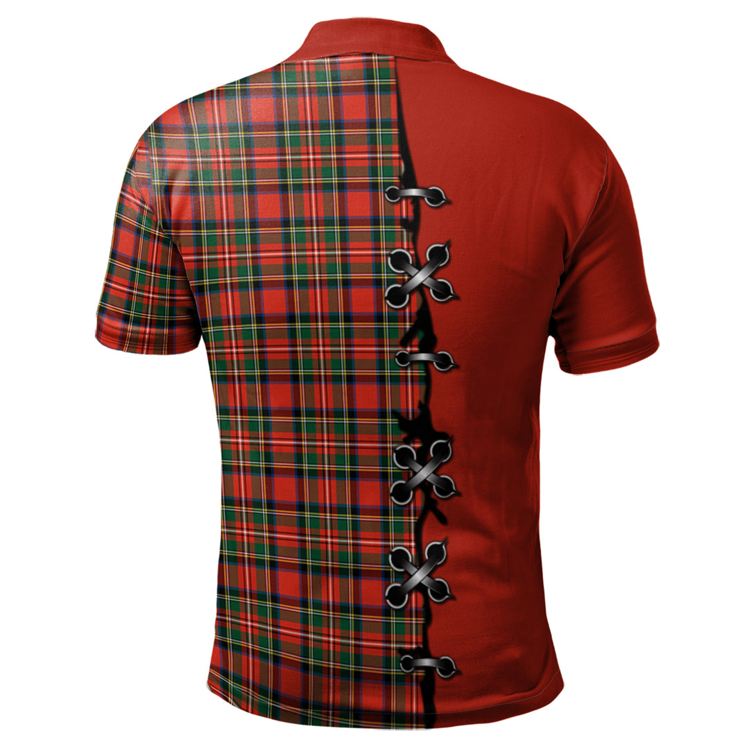 Stewart Royal Modern Tartan Polo Shirt - Lion Rampant And Celtic Thistle Style