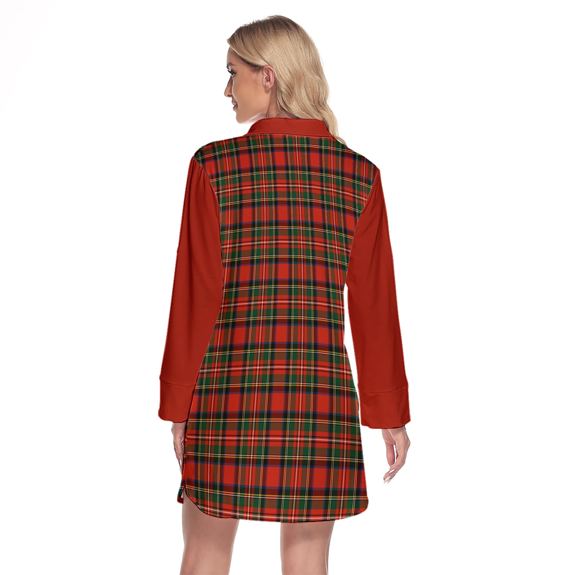 Stewart Royal Modern Tartan Women's Lapel Shirt Dress With Long Sleeve