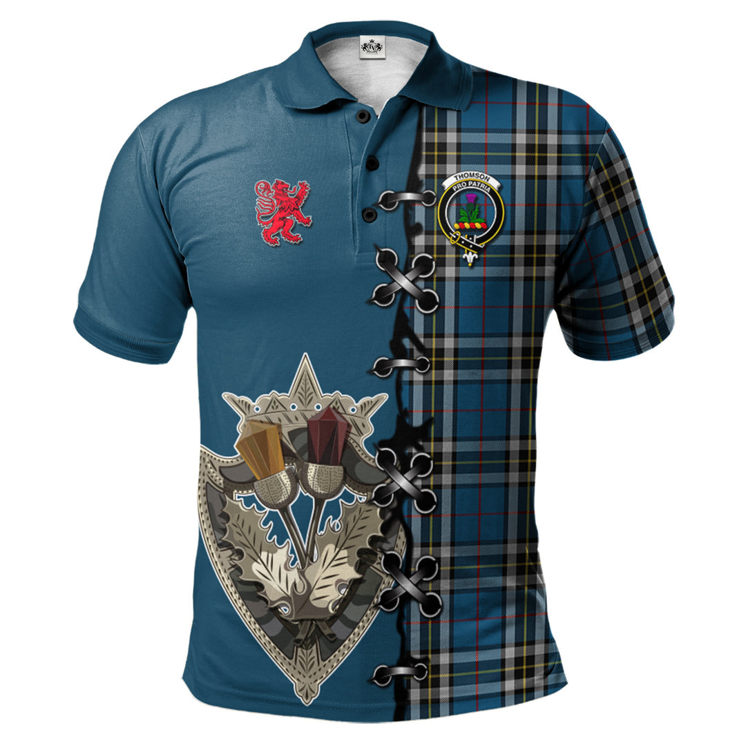 Thomson Dress Blue Tartan Polo Shirt - Lion Rampant And Celtic Thistle Style