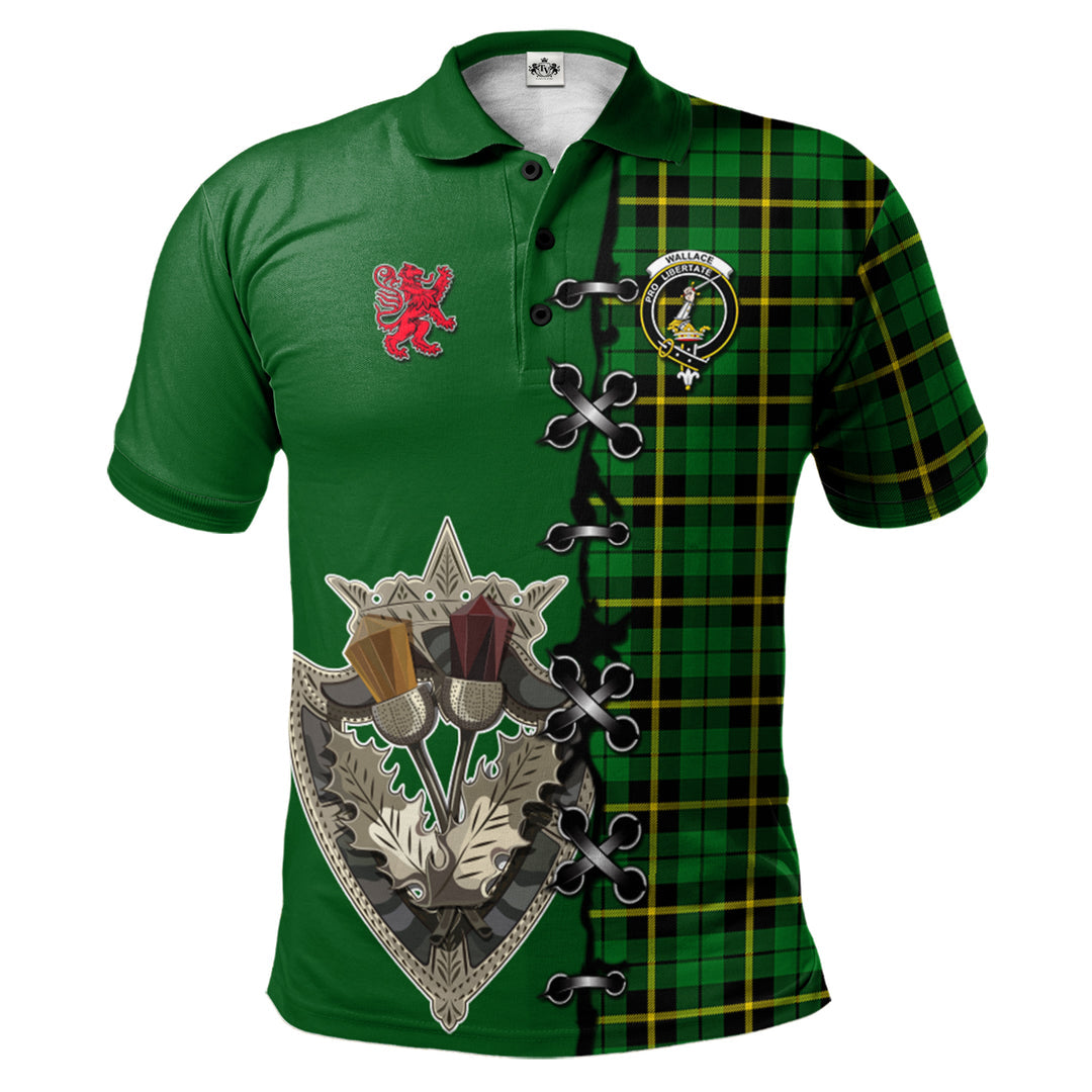 Wallace Hunting Green Tartan Polo Shirt - Lion Rampant And Celtic Thistle Style