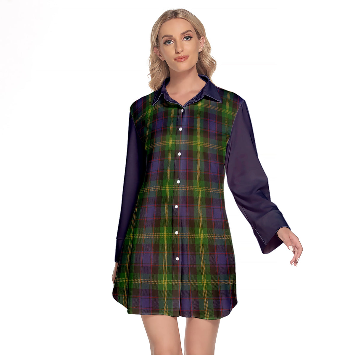 Watson Tartan Women's Lapel Shirt Dress With Long Sleeve