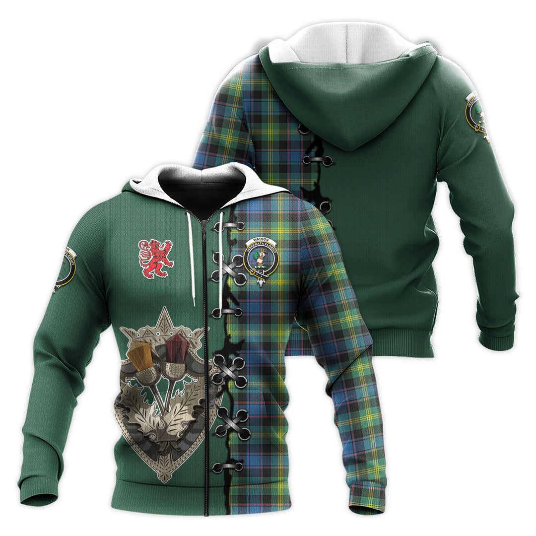 Watson Ancient Tartan Hoodie - Lion Rampant And Celtic Thistle Style