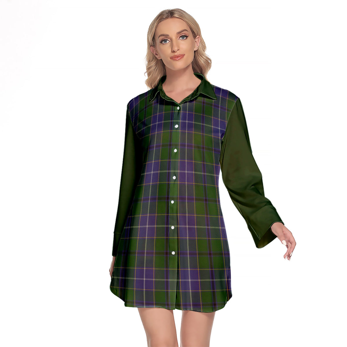 Wishart Hunting Tartan Women's Lapel Shirt Dress With Long Sleeve