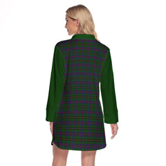 Wood Tartan Women's Lapel Shirt Dress With Long Sleeve