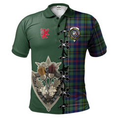 Wood Modern Tartan Polo Shirt - Lion Rampant And Celtic Thistle Style