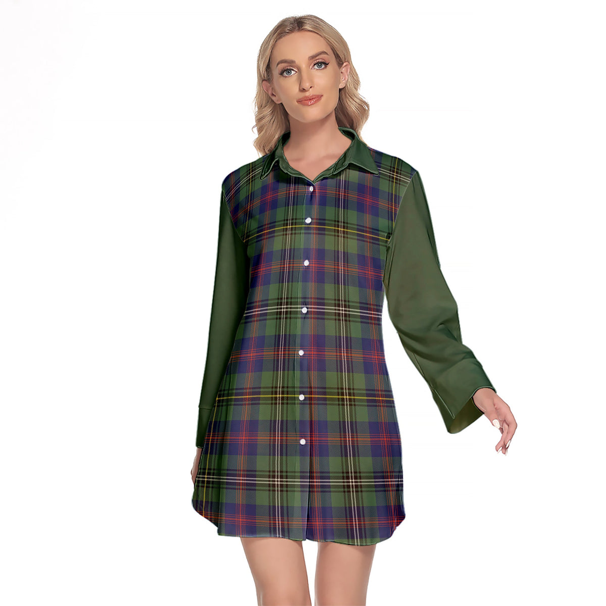 Wood Modern Tartan Women's Lapel Shirt Dress With Long Sleeve